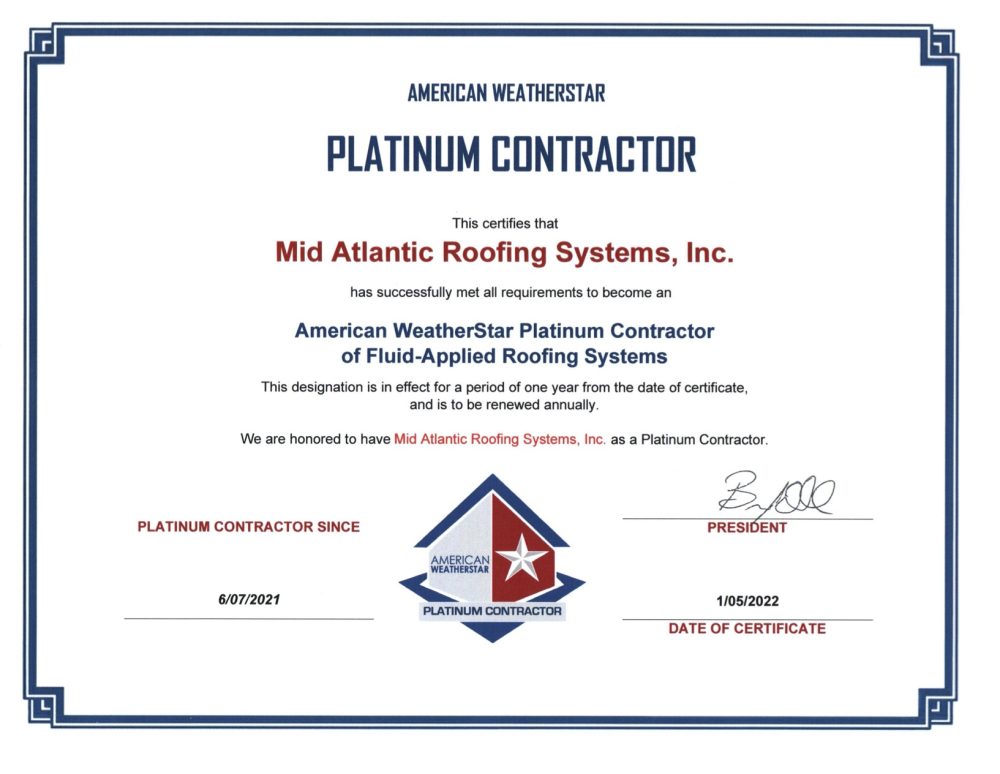American Weatherstar Platinum Contractor Certificate